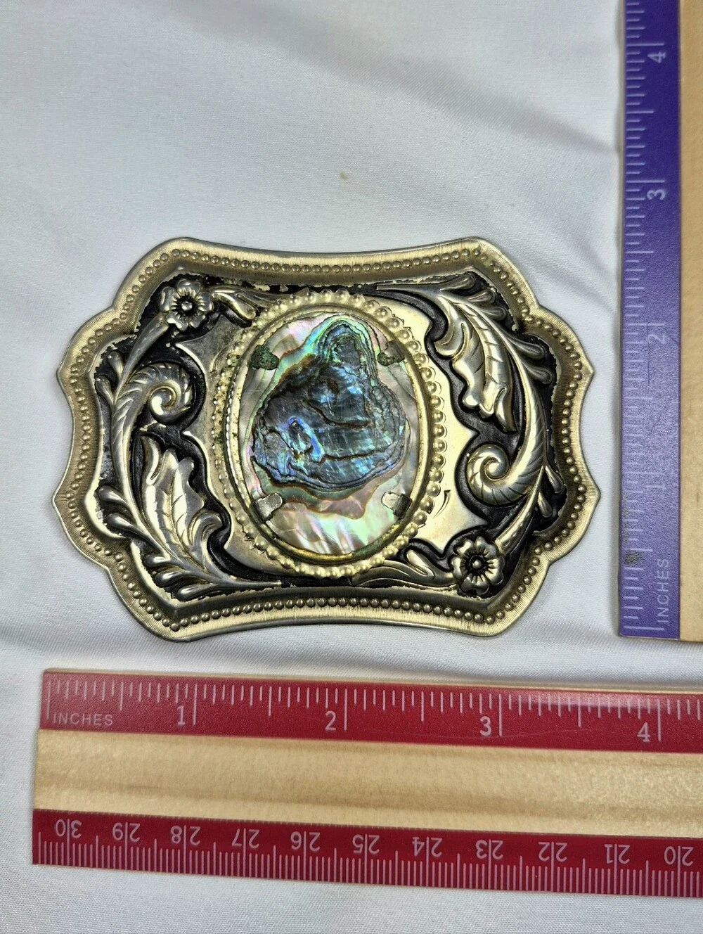 Vintage Western Abalone Shell Inlay Floral Belt Buckle Two Tone Cowboy Cowgirl